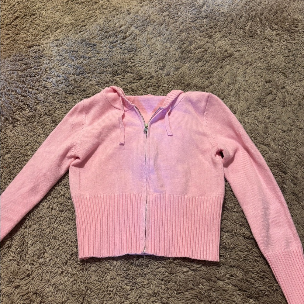 Pink Women's Cropped Zip Up Sweater with Hood